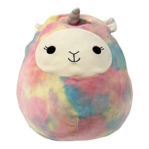 Squishmallow Lucy-May Tie Dye Llama Unicorn Pastel Pink Blue Yellow Wings 16”